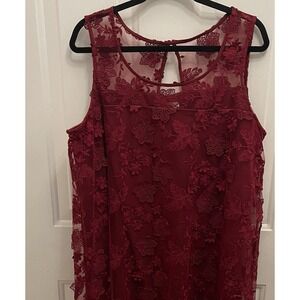 Signature By Robbie Bee Burgundy Lace Sheer Flower Sleeveless Dress Womens 1X